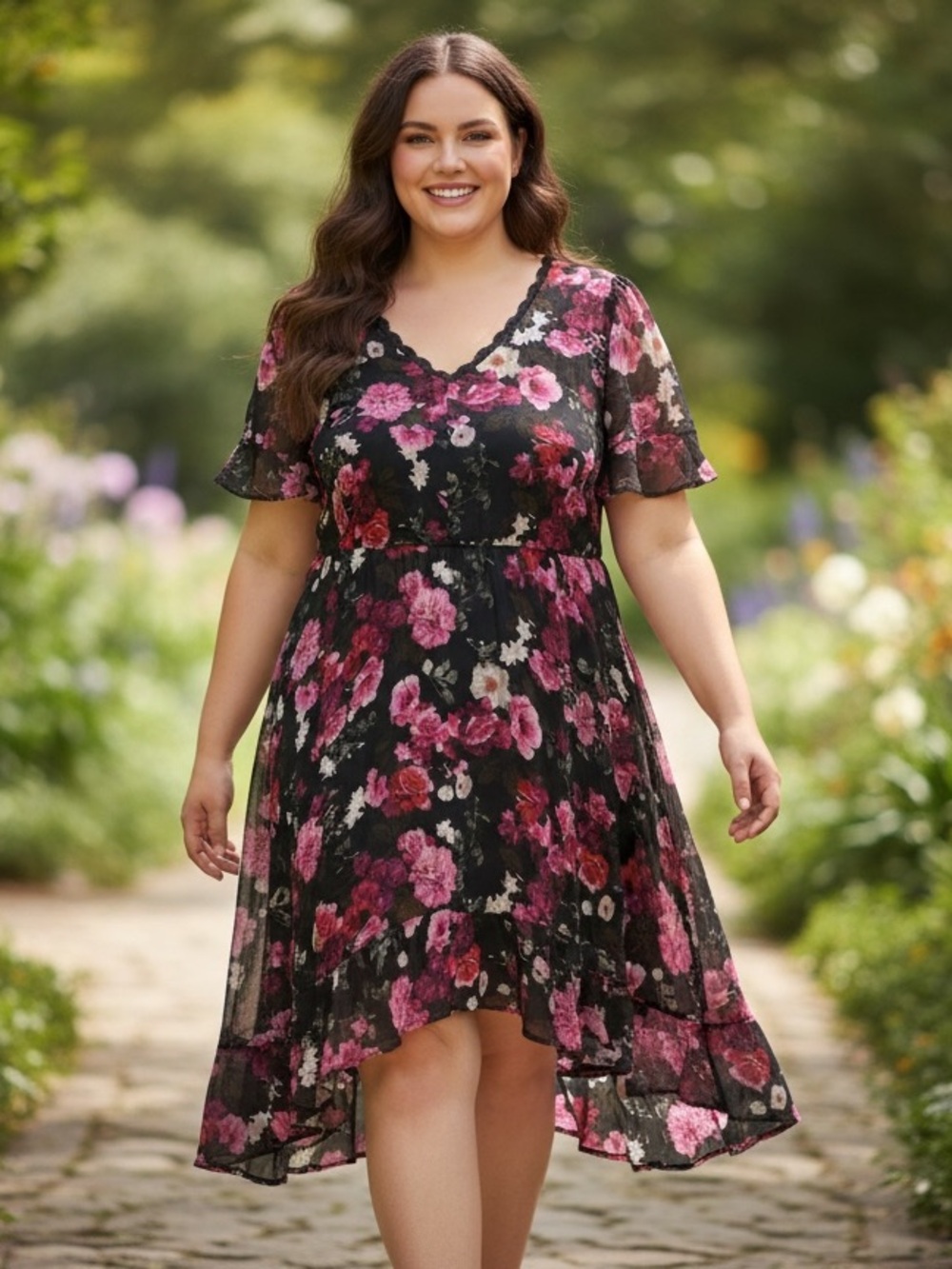 Torrid 3 Floral Gauze Flutter Sleeve V Neck Midi asymmetrical plus Dress